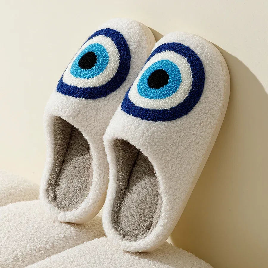 Color: WHITE, Shoe Size: 4.5 - Evil Eyes Blue Embroidery slippers High Quality Women Men Slippers Fashion Pattern Shoes Warm Home Devil's Eyes Houseshoes