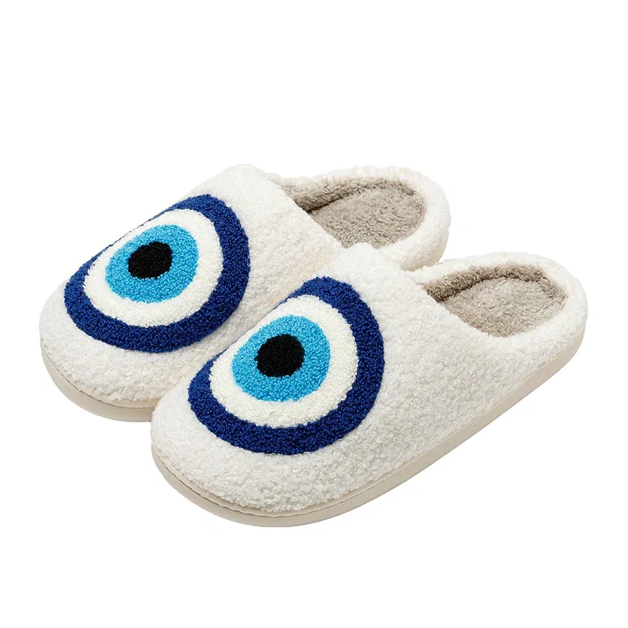 Color: WHITE, Shoe Size: 4.5 - Evil Eyes Blue Embroidery slippers High Quality Women Men Slippers Fashion Pattern Shoes Warm Home Devil's Eyes Houseshoes