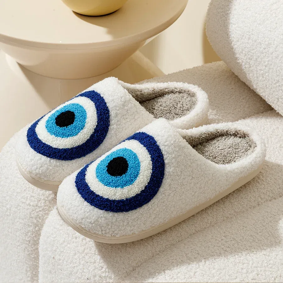 Color: WHITE, Shoe Size: 4.5 - Evil Eyes Blue Embroidery slippers High Quality Women Men Slippers Fashion Pattern Shoes Warm Home Devil's Eyes Houseshoes