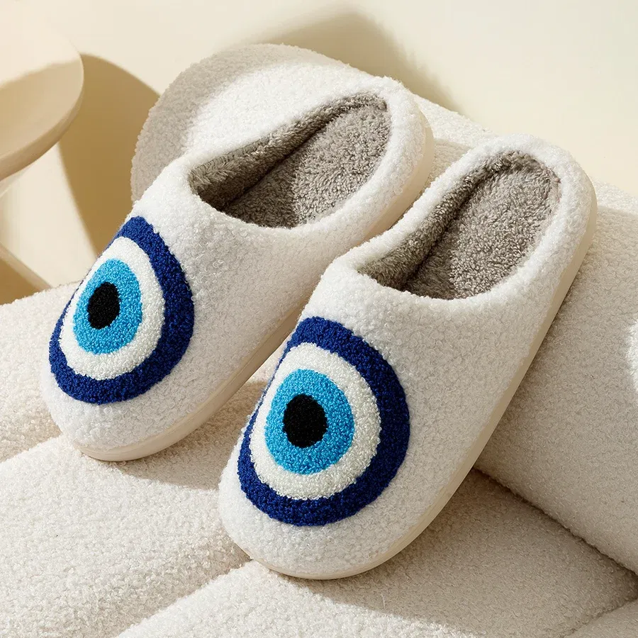 Color: WHITE, Shoe Size: 4.5 - Evil Eyes Blue Embroidery slippers High Quality Women Men Slippers Fashion Pattern Shoes Warm Home Devil's Eyes Houseshoes