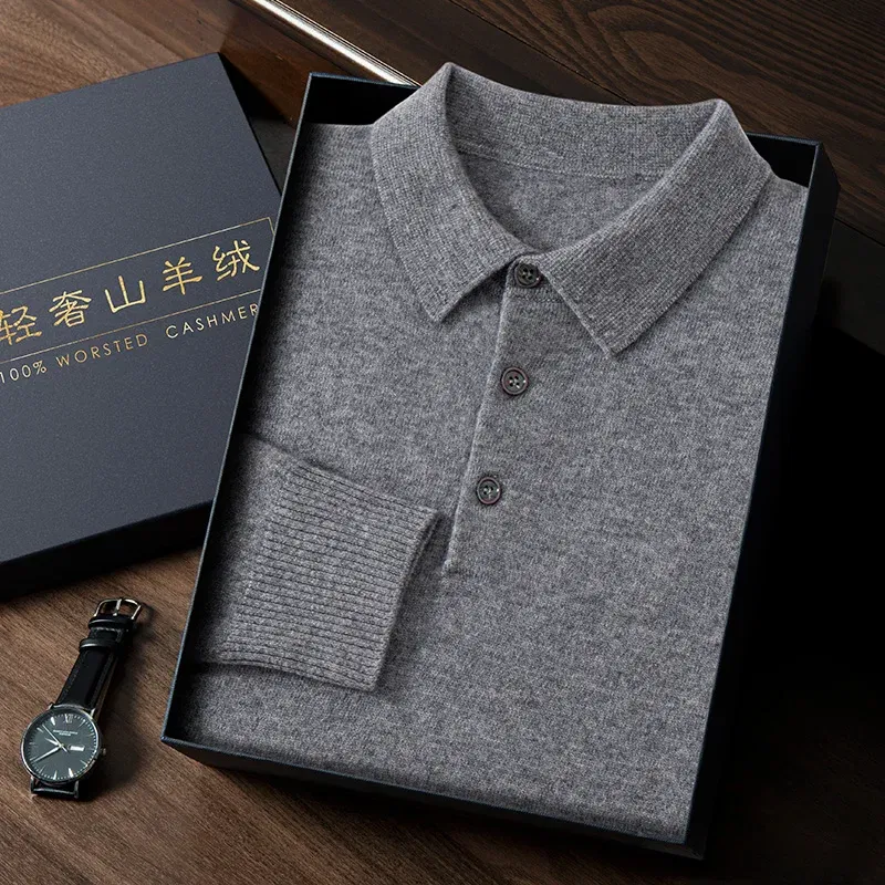 Color: GRAY, Size: XL - High Quality Men's 100% Cashmere POLO Collar Pullover Soft Elastic Autumn Winter Business Casual Solid Color Knitted Sweater