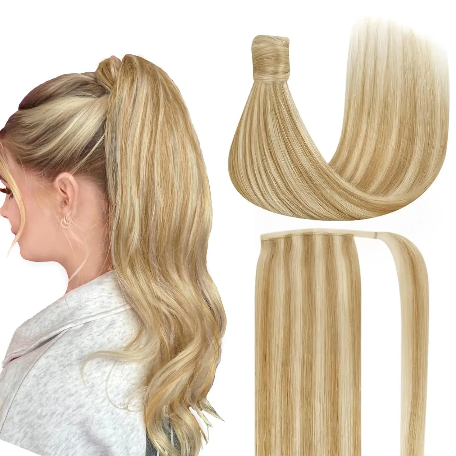 Color: #16, Life Span: 6 Months With Proper Care, Stretched Length: 20inches - VeSunny Human Hair Ponytail Light Blonde Mix Golden Blonde Real Hair Ponytail Extension Highlights Blonde Ponytail Hair 80g