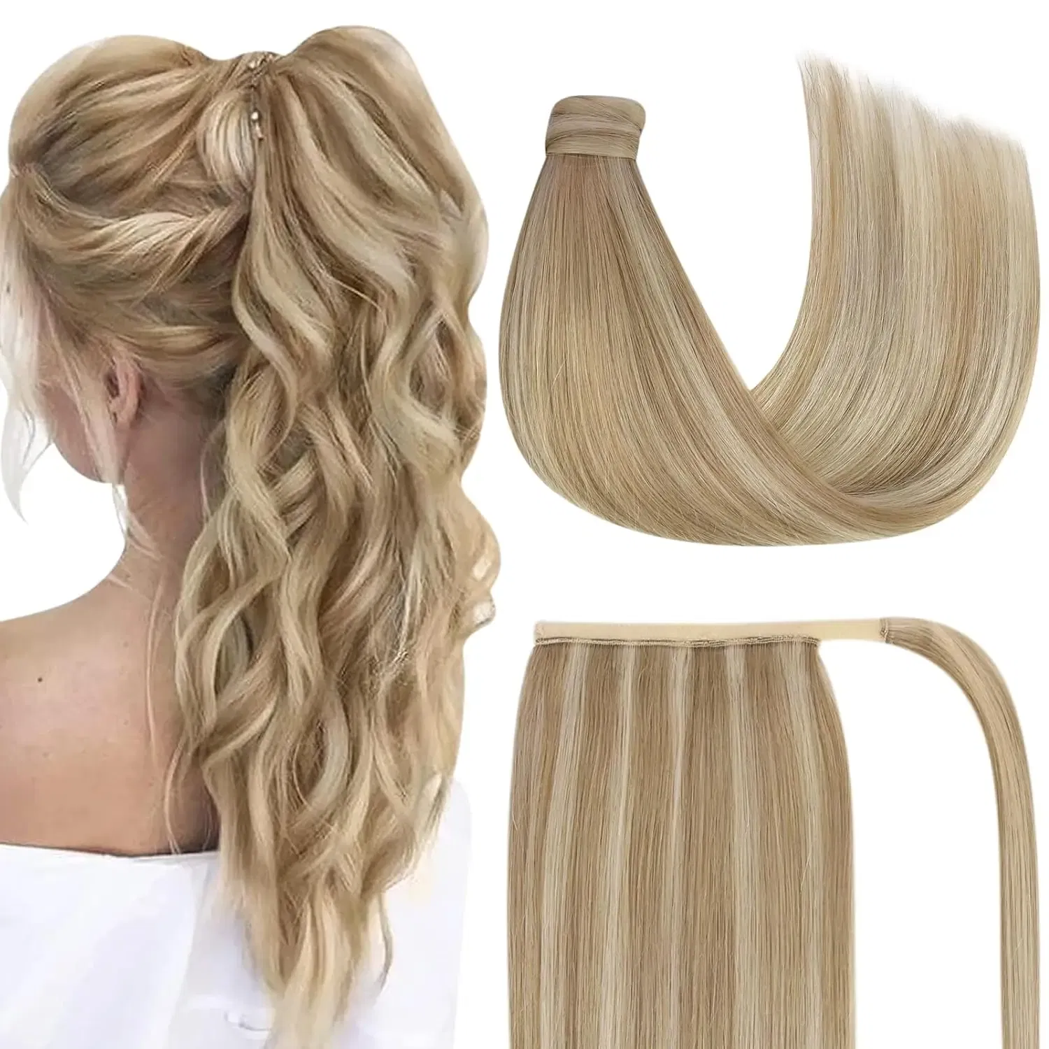 Color: #16, Life Span: 6 Months With Proper Care, Stretched Length: 20inches - VeSunny Human Hair Ponytail Light Blonde Mix Golden Blonde Real Hair Ponytail Extension Highlights Blonde Ponytail Hair 80g