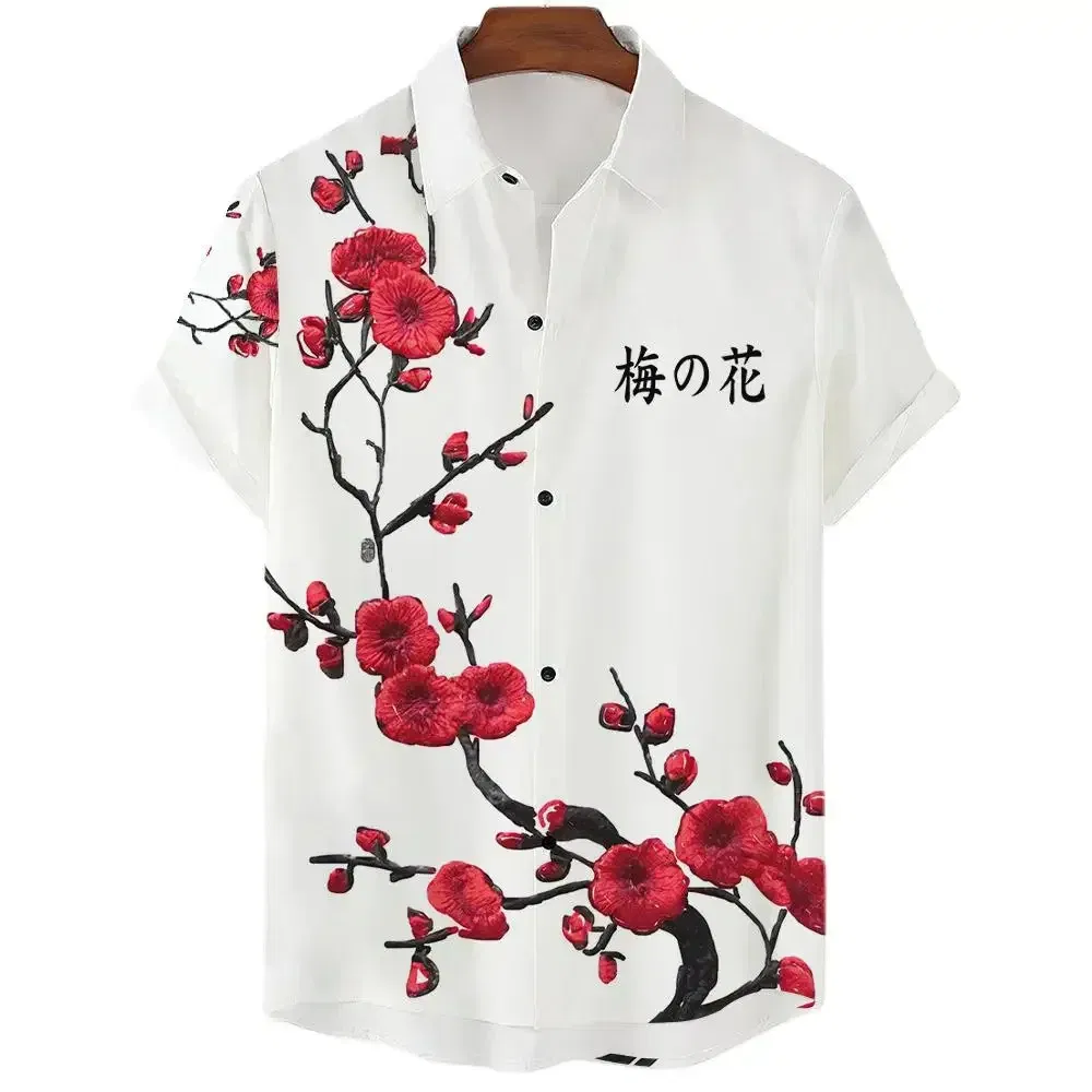 Color: green, Size: XL - Fashionable Luxury Social men's Shirt Lapel button-down Shirt Casual Japanese Aesthetic Cherry Blossom Print short-sleeved Tops