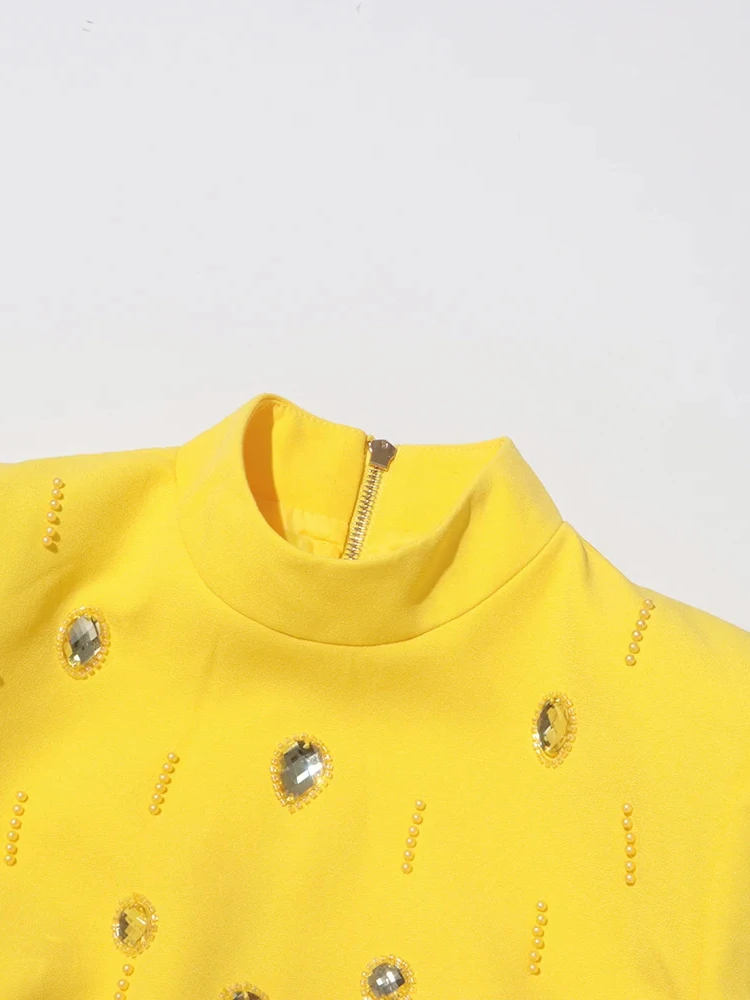 Color: Yellow, Size: M - Spliced Diamonds Two Piece Set For Women Stand Collar Long Sleeve Tops High Waist Skirt Elegant Chic Set Female Fashion New
