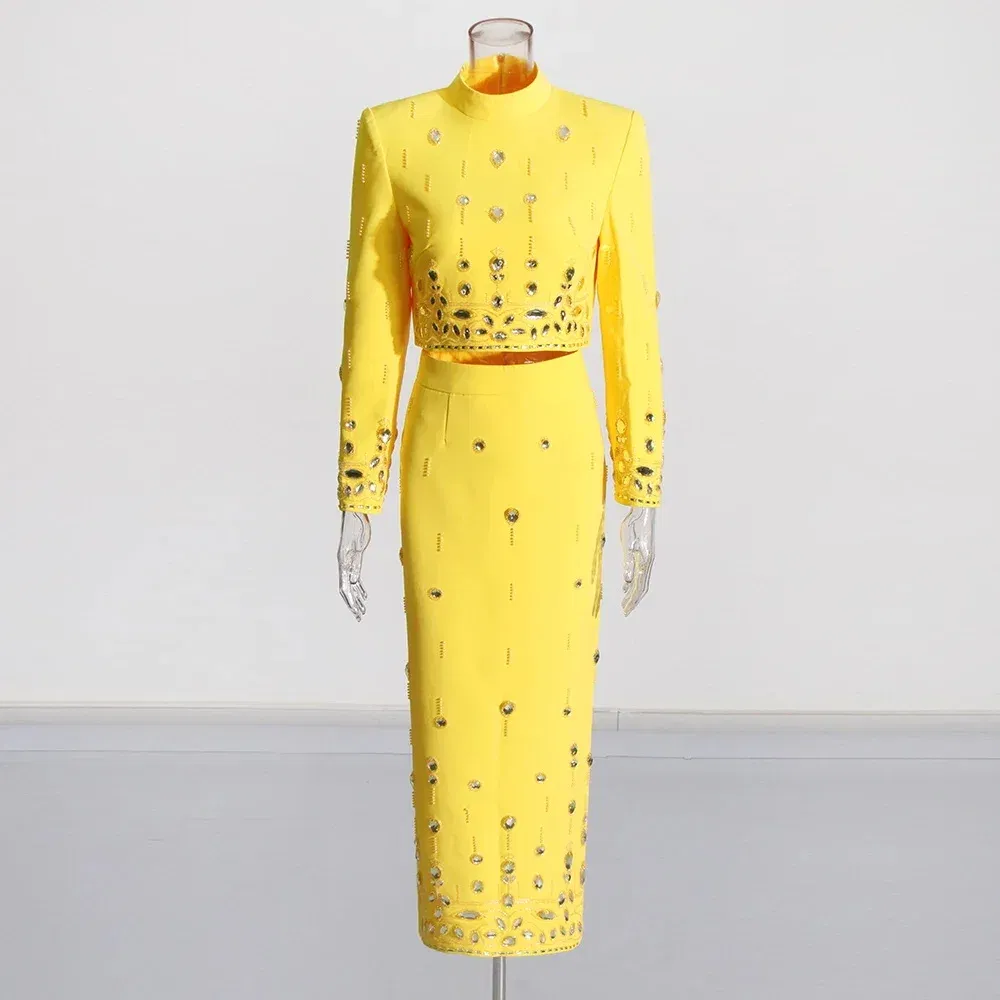 Color: Yellow, Size: M - Spliced Diamonds Two Piece Set For Women Stand Collar Long Sleeve Tops High Waist Skirt Elegant Chic Set Female Fashion New
