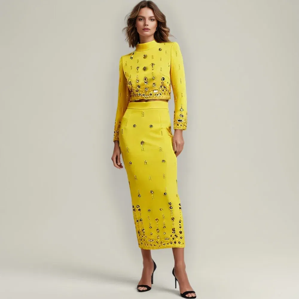 Color: Yellow, Size: M - Spliced Diamonds Two Piece Set For Women Stand Collar Long Sleeve Tops High Waist Skirt Elegant Chic Set Female Fashion New