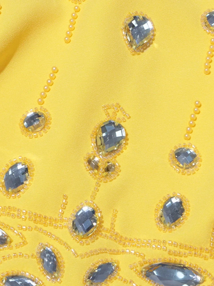 Color: Yellow, Size: M - Spliced Diamonds Two Piece Set For Women Stand Collar Long Sleeve Tops High Waist Skirt Elegant Chic Set Female Fashion New