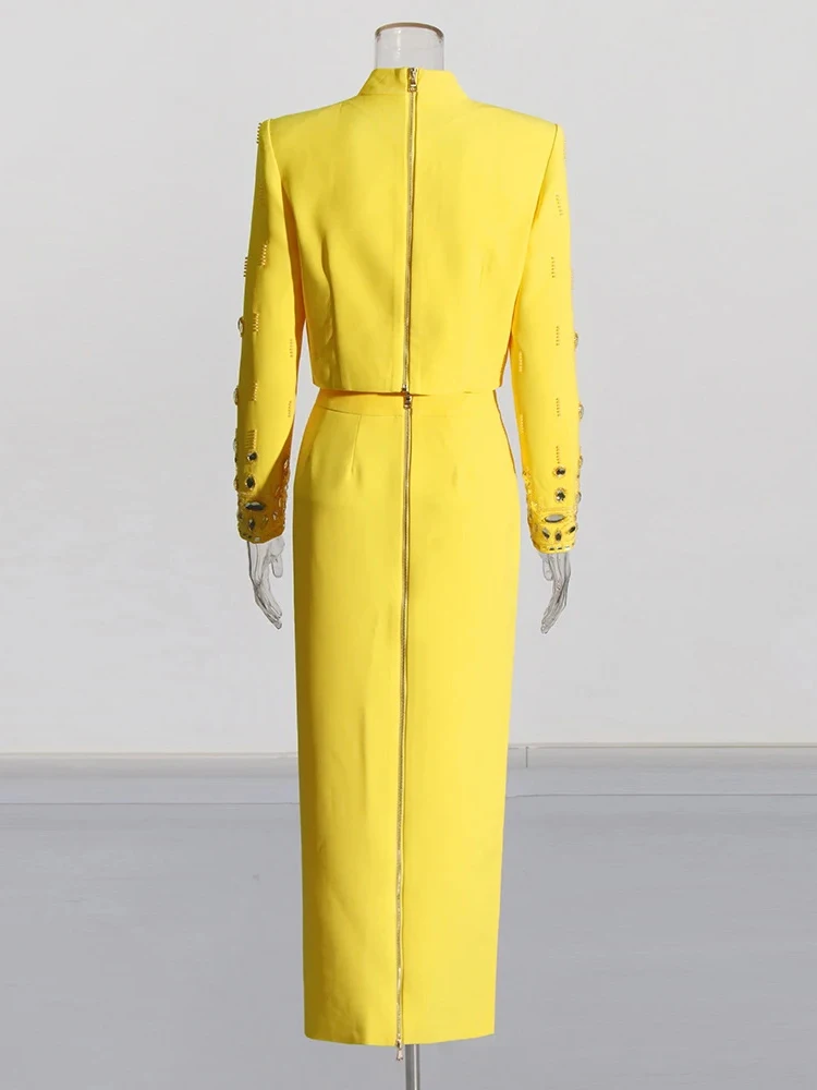 Color: Yellow, Size: M - Spliced Diamonds Two Piece Set For Women Stand Collar Long Sleeve Tops High Waist Skirt Elegant Chic Set Female Fashion New