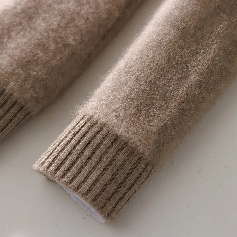 Color: Champagne, Size: XL - 100% Pure Wool Pullover Sweater Men's Round Neck Knitted Sweater Autumn Winter Thick Warm Ethnic Style Men's Clothing