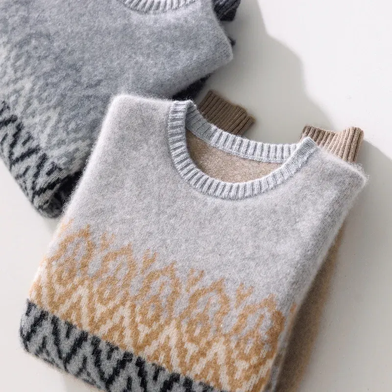Color: Champagne, Size: XL - 100% Pure Wool Pullover Sweater Men's Round Neck Knitted Sweater Autumn Winter Thick Warm Ethnic Style Men's Clothing