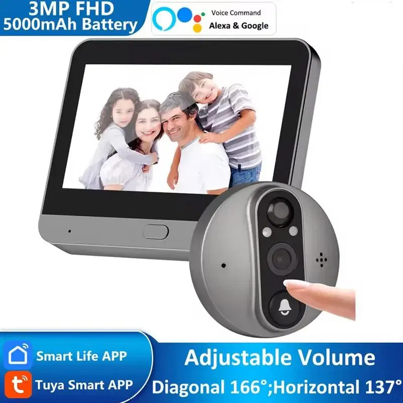 Color: WHITE, Ships From: CHINA - New! 3MP Tuya Smart Life APP Home Battery WiFi Video Digital Door Peephole Viewer PIR IR Door Bell Magic Eye FHD Camera Alexa