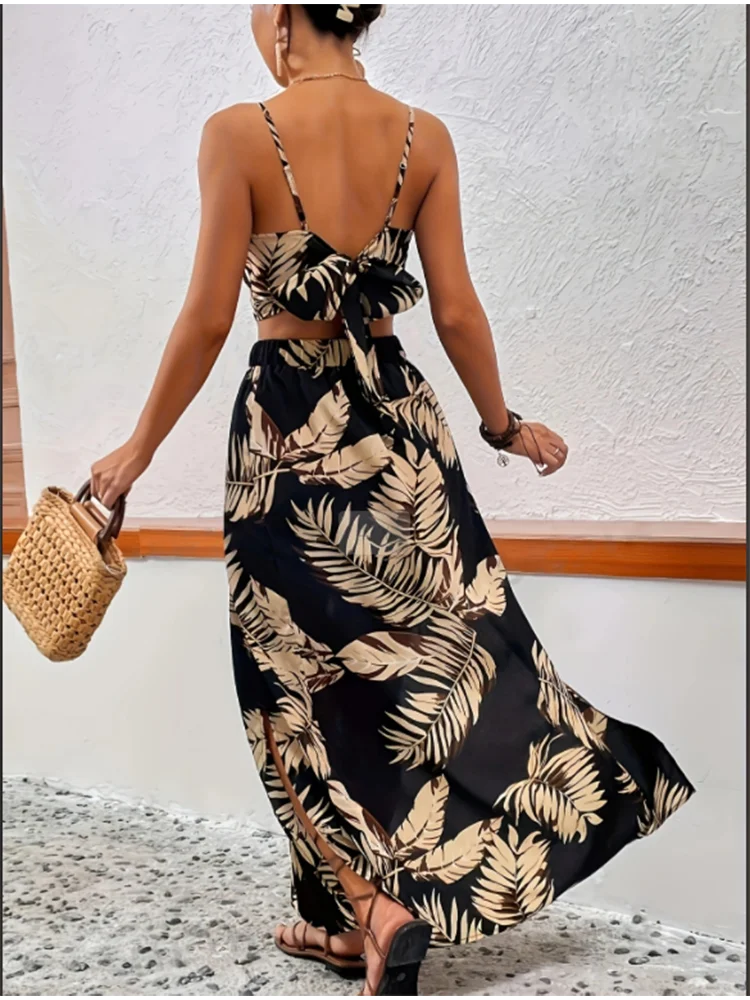 Color: black, Size: XL - Elegant Deep V-neck Dress Women Summer Sleeveless Printed Vest Skirt Set Sexy High Slit Trend Dresses
