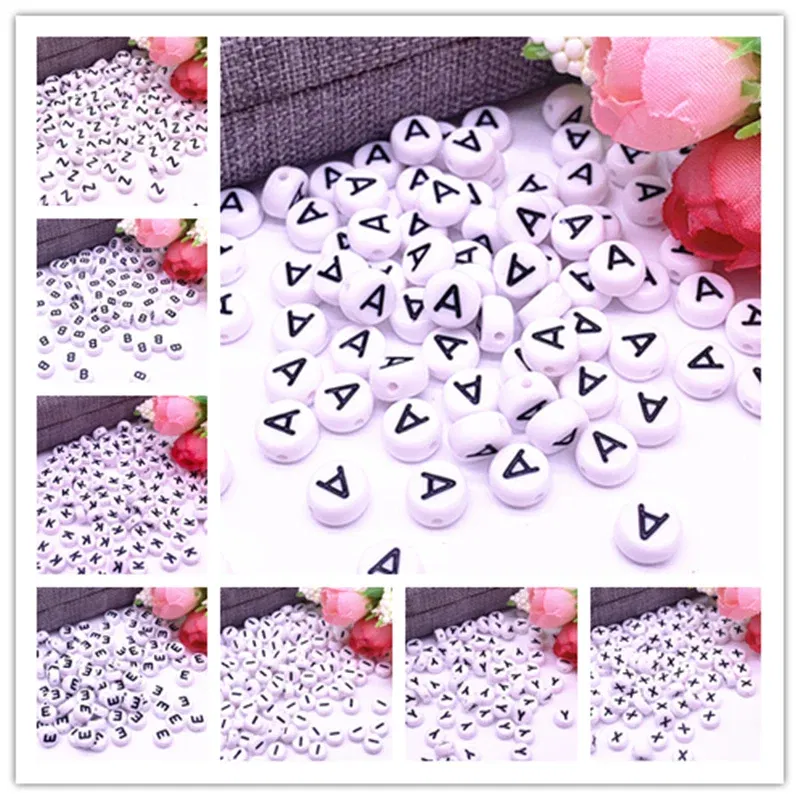 Color: Light Grey - 100pcs/lot 7x4mm 26 Letter Beads Round Shape Beads Alphabet Letter Charms for Make Jewelry Accessories