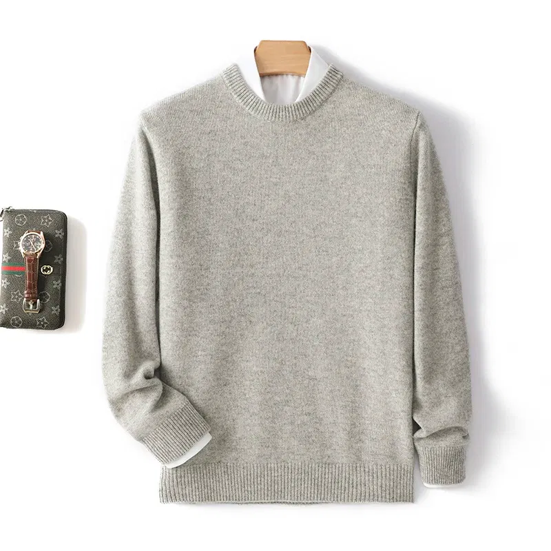 Color: Light Grey, Size: S, Ships From: CHINA - Men's 100% Pure Wool Cashmere Sweater O-Neck Pullover Knit Sweater Autumn and Winter New Long Sleeve High-End Jumpers Thick Tops