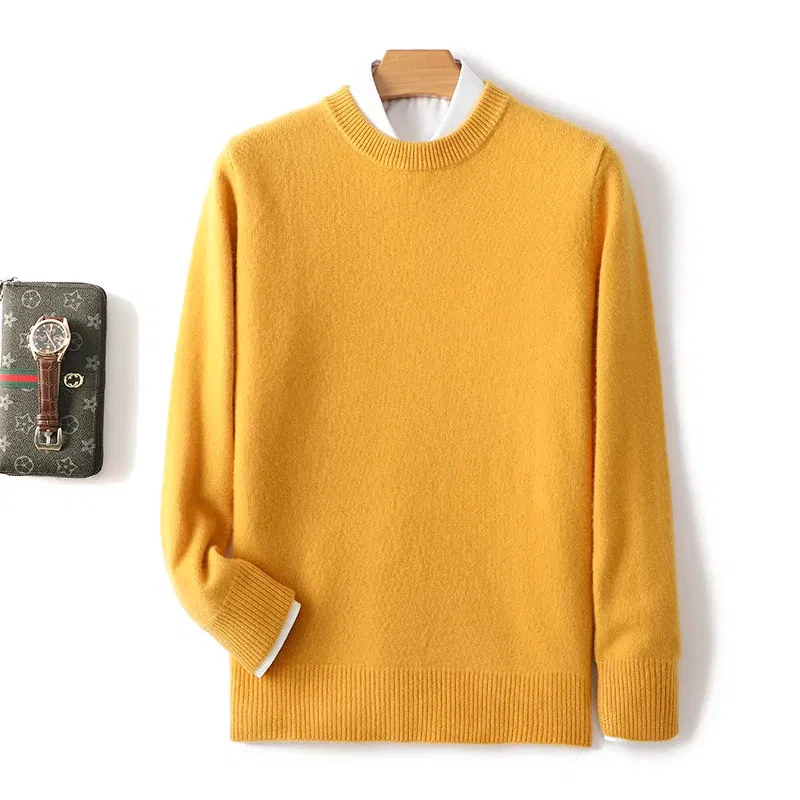 Color: Yellow, Size: M, Ships From: CHINA - Men's 100% Pure Wool Cashmere Sweater O-Neck Pullover Knit Sweater Autumn and Winter New Long Sleeve High-End Jumpers Thick Tops