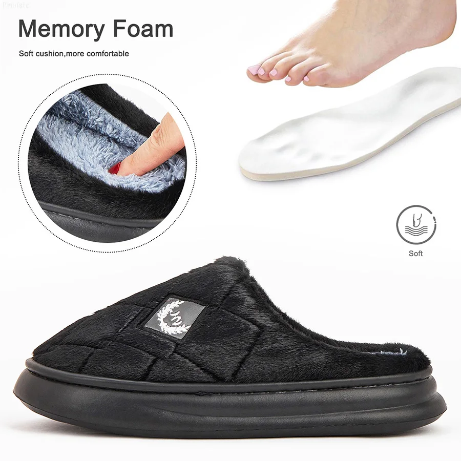 Color: Blue, Shoe Size: 44-45 - Men's House Slippers Furry Plaid cozy EVA Memory Foam Lightweight Casual Shoes Winter Warm Plush Non-slip Slippers big size