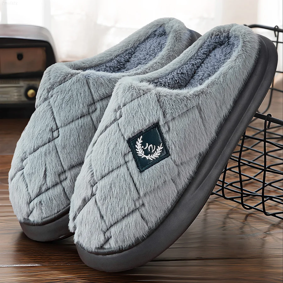 Color: Blue, Shoe Size: 44-45 - Men's House Slippers Furry Plaid cozy EVA Memory Foam Lightweight Casual Shoes Winter Warm Plush Non-slip Slippers big size