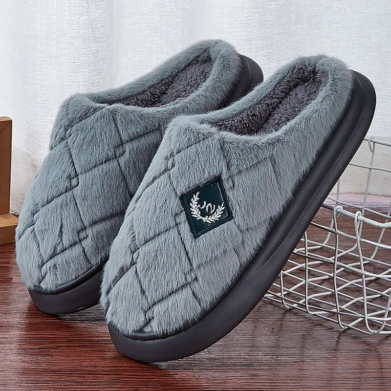 Color: Blue, Shoe Size: 44-45 - Men's House Slippers Furry Plaid cozy EVA Memory Foam Lightweight Casual Shoes Winter Warm Plush Non-slip Slippers big size
