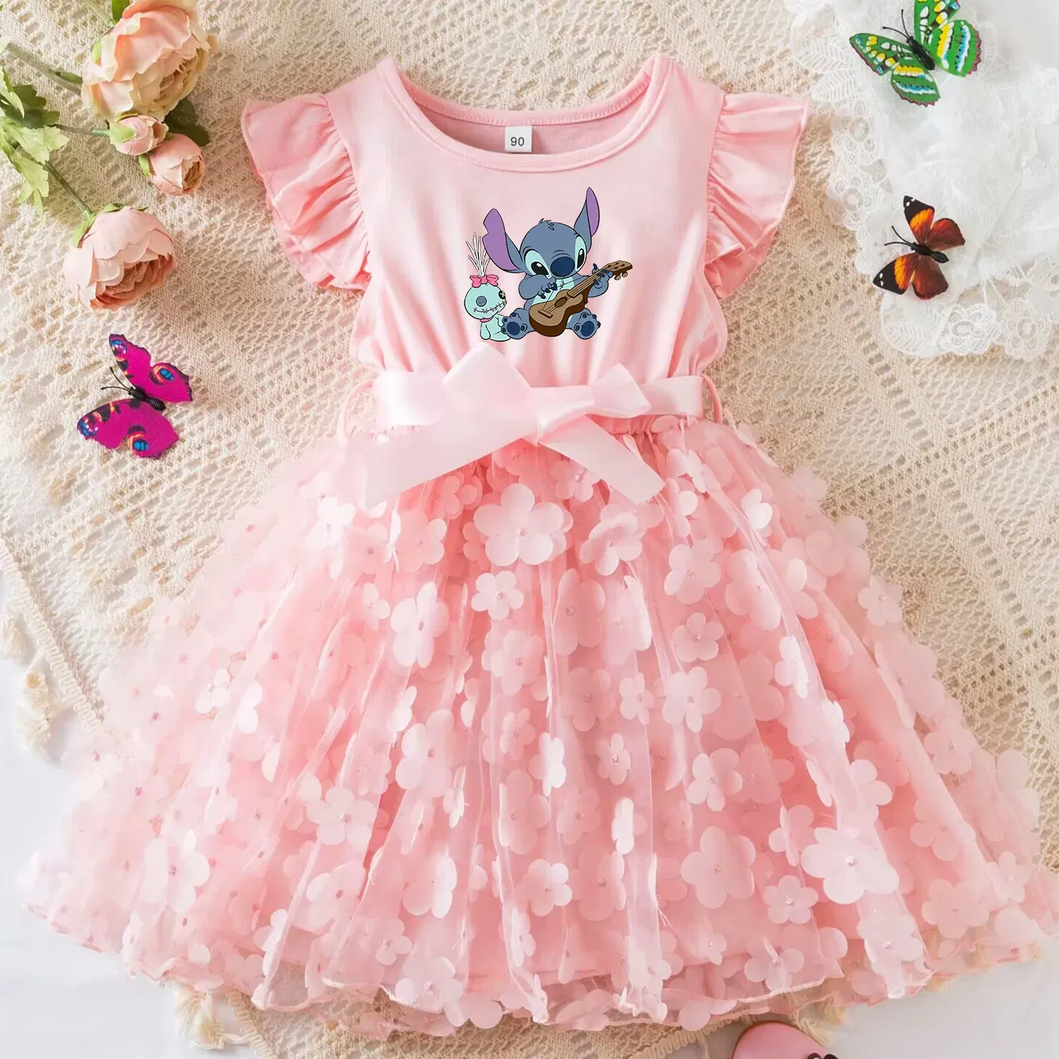 Color: black, Size: L - 3D Butterfly Cute Lilo Stitch Summer Dress for Kid's Casual Clothes Baby Girls Beautiful Princess Dress Party Dresses 2-6 Yrs