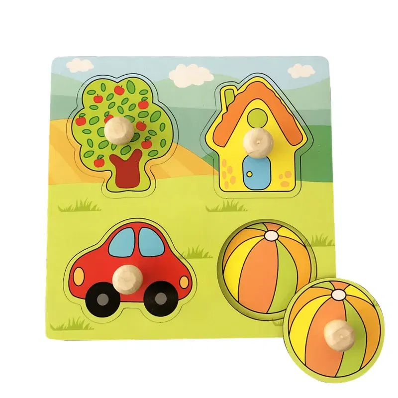 Color: Brown - Baby Wooden Puzzles Montessori Toys 1 2 Years Toddler Toys Hand Grab Board Alphabet Number Cognition Learning Educational Toys
