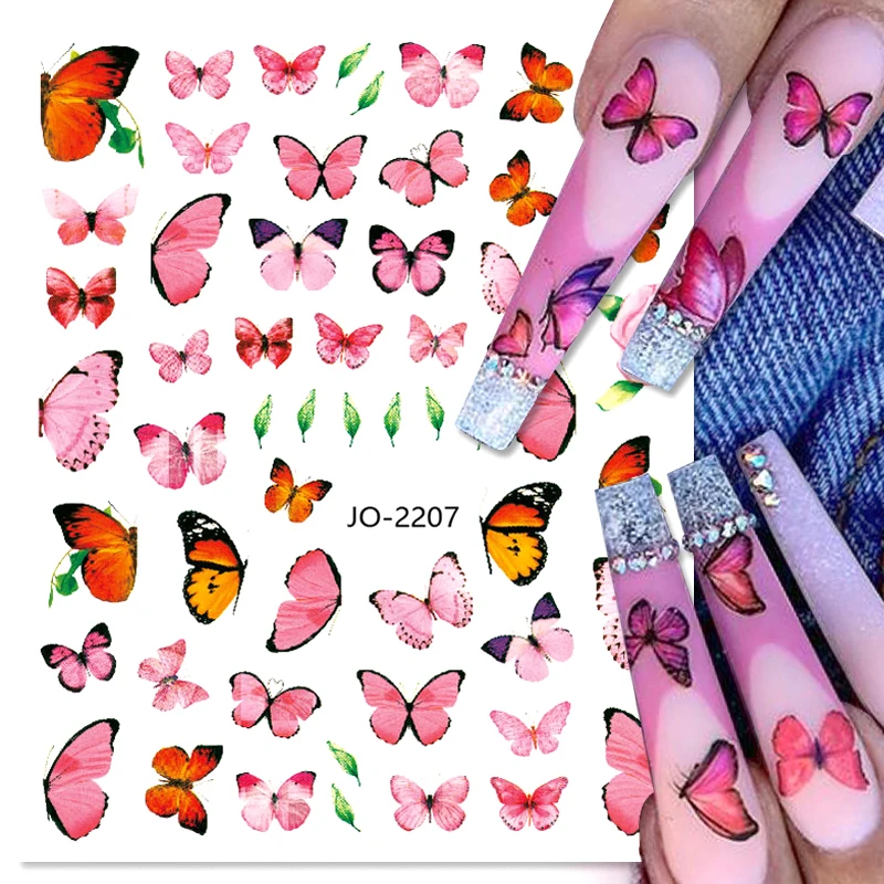Color: MULTI - 3D Blue Butterfly Adhesive Stickers Nail Art Decoration Laser Flowers Leaves Nail Sticker Nail Art Supplies Nail Parts