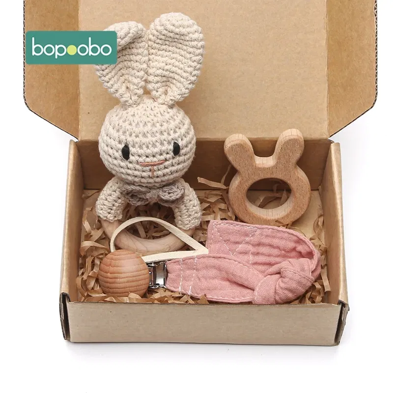 Color: Red - Bopoobo 3PCS/5PCS Crochet Bunny Baby Teether Rattle Animal Beech Wood Teether Pacifier Chain Crochet Rattle For Newborn Baby