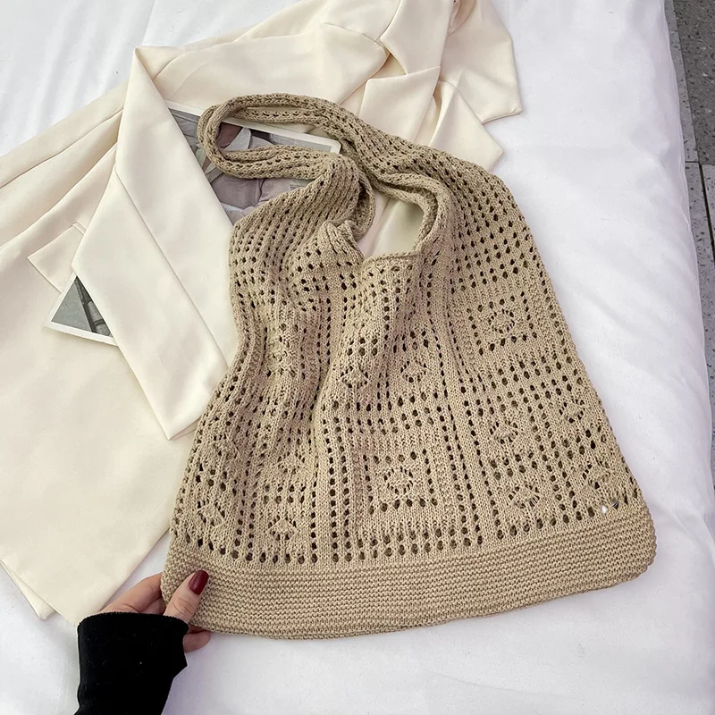 Color: Blue - Simple Crochet Tote Bags Fashion Hollow Knitted Women's Bags Casual Female Shoulder Bags Ladies Shopping Top-Handle Bags Handbag