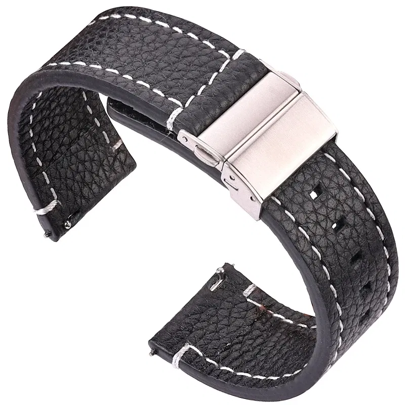 Band Color: BLACK WHITE, Band Width: 10mm - Soft Genuine Leather Smart Watch Band 18 20 22 24mm Women Men Cowhide Strap Brown Black Quick Release Watchband Bracelet