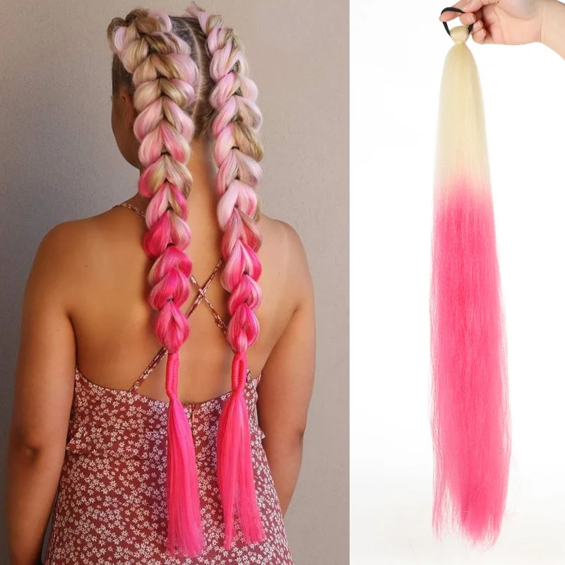 Color: #144, Stretched Length: 26inches - LUPU Synthetic Ponytail Extension with Elastic Tie Hair Band 26" Long Straight Colored Braiding Ponytail Ombre Pink Purple Blue