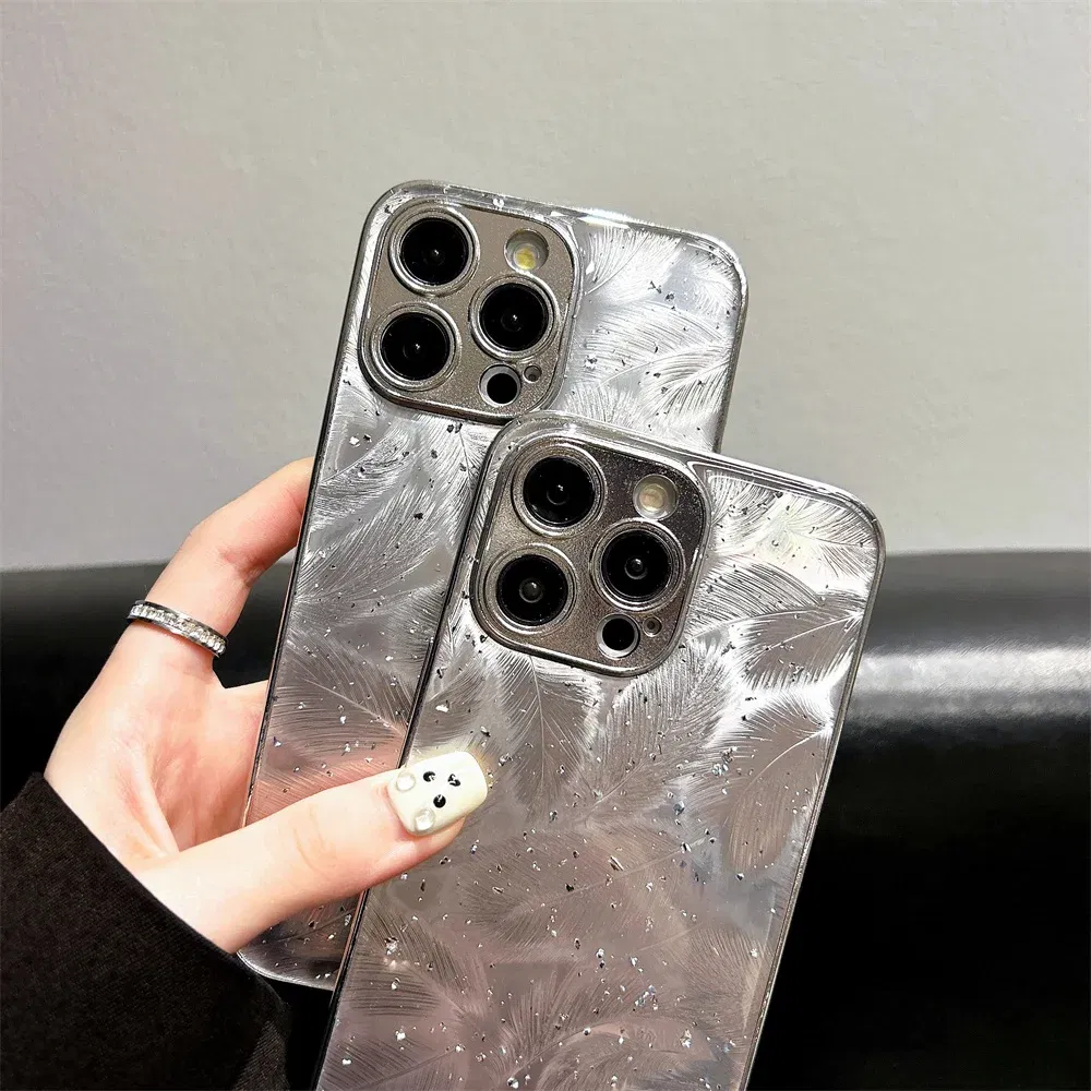 Color: Beige, Material: EVA - Luxury Plating Feather Phone Cover For iPhone 12 Pro 14 13 11 15 Pro Max Hard Anti-drop Lens Protection Case For iPhone 15 Plus