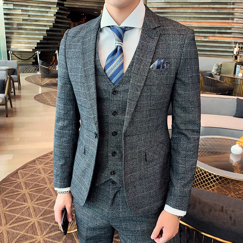 Color: Burgundy, Size: XL - Gray Men Classic Striped/Checked Suits, Business Office 3 Piece, Asian Size Slim Fit Men Dress Jacket & Pants with Vest, S-4XL