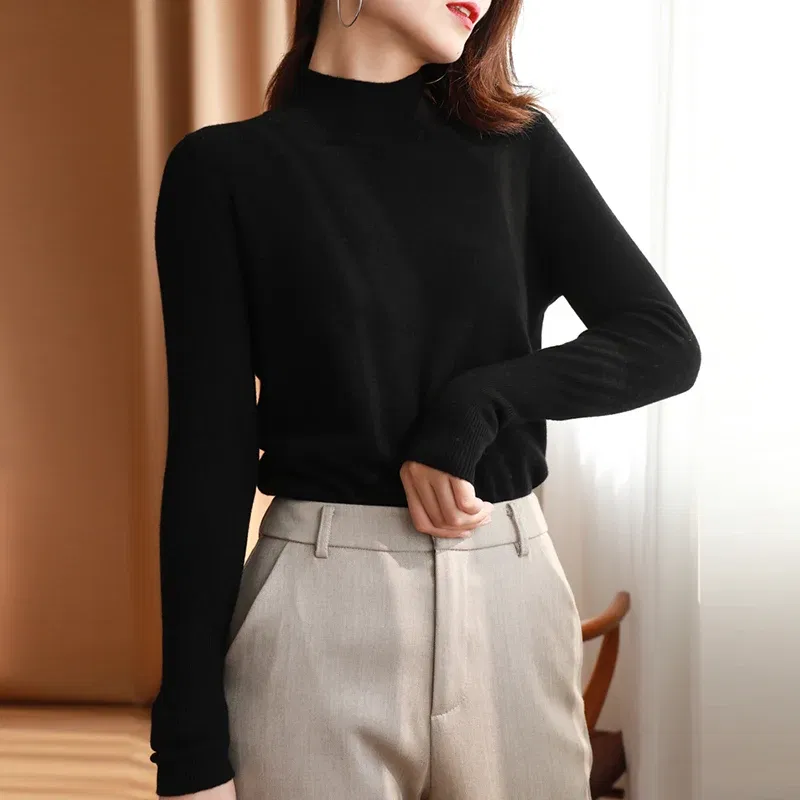 Color: black, Size: One Size - Autumn Winter chic Bottom Sweaters Women Fashion Turtleneck Pullover Slim Long Sleeve Knitted Jumpers Soft Warm Pull Femme Top