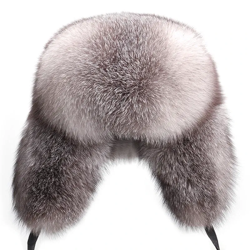 Color: Gold, Hat Size: 55 - 2025 Winter 100% Real Silver Fox Fur Bomber Hat Raccoon Fur Ushanka Cap Trapper Russian Men's Ski Hats Caps