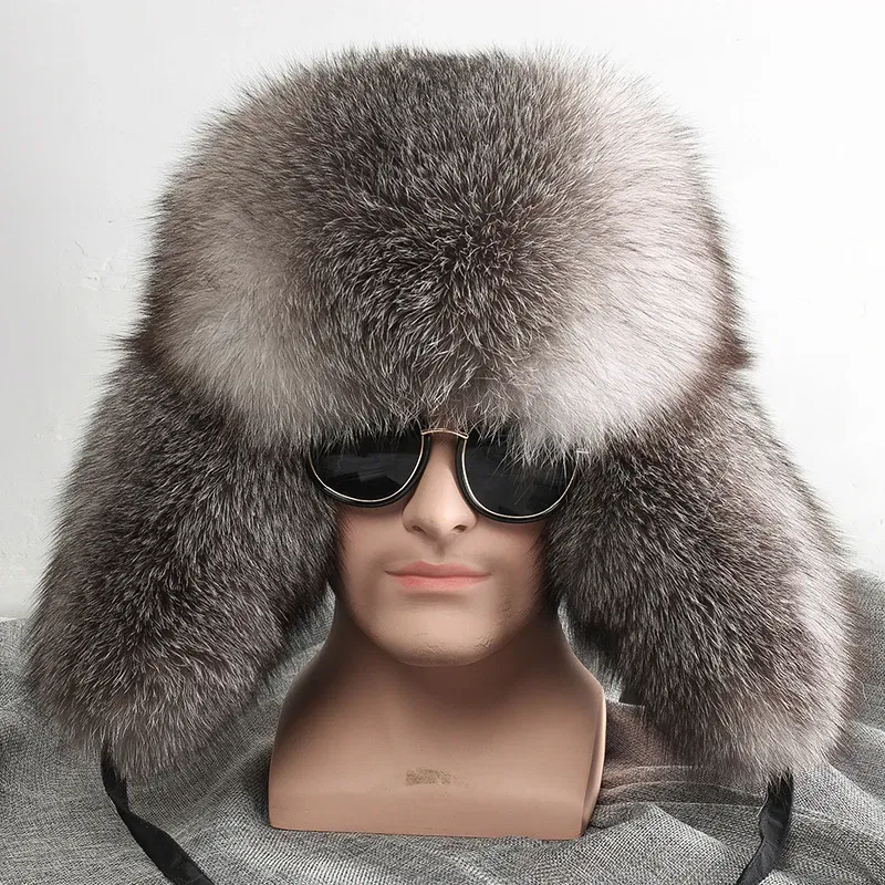 Color: Gold, Hat Size: 55 - 2025 Winter 100% Real Silver Fox Fur Bomber Hat Raccoon Fur Ushanka Cap Trapper Russian Men's Ski Hats Caps