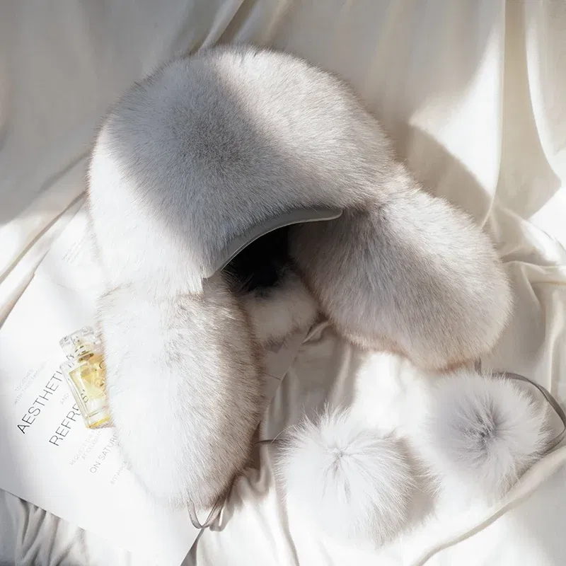 Color: Gold, Hat Size: 55 - 2025 Winter 100% Real Silver Fox Fur Bomber Hat Raccoon Fur Ushanka Cap Trapper Russian Men's Ski Hats Caps