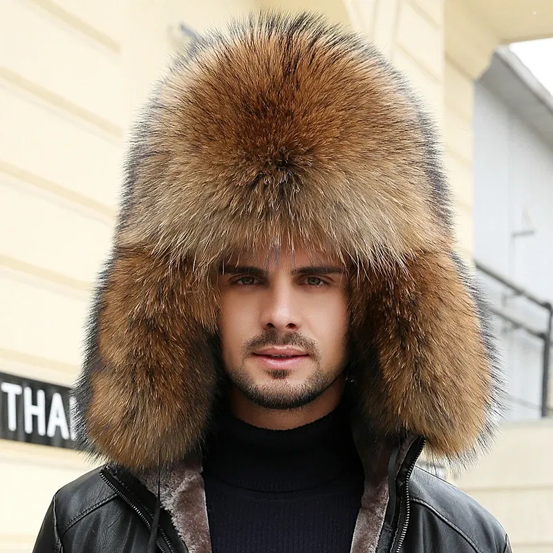 Color: Gold, Hat Size: 55 - 2025 Winter 100% Real Silver Fox Fur Bomber Hat Raccoon Fur Ushanka Cap Trapper Russian Men's Ski Hats Caps