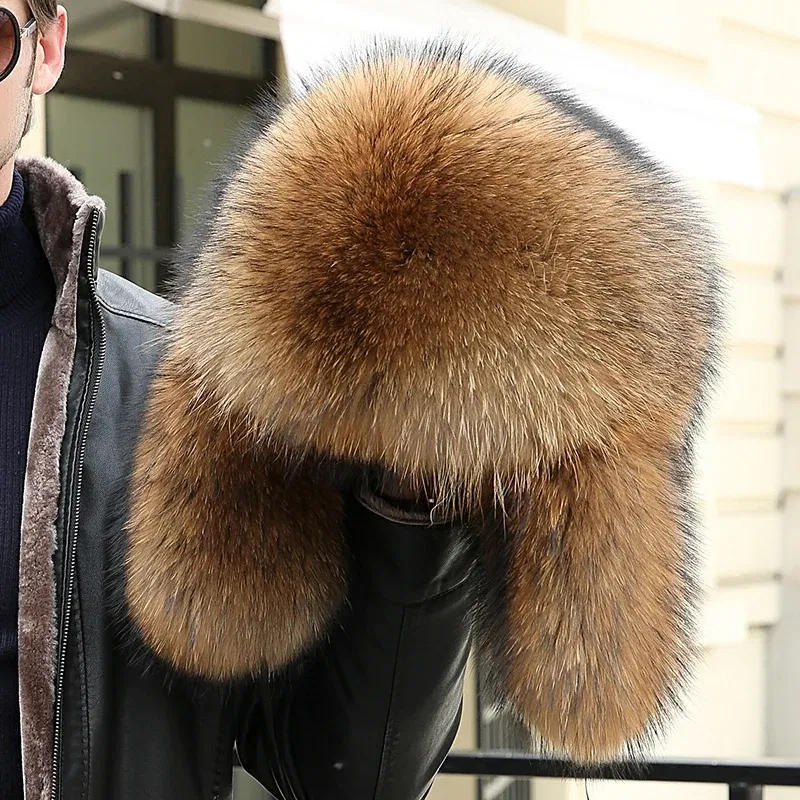Color: Gold, Hat Size: 55 - 2025 Winter 100% Real Silver Fox Fur Bomber Hat Raccoon Fur Ushanka Cap Trapper Russian Men's Ski Hats Caps