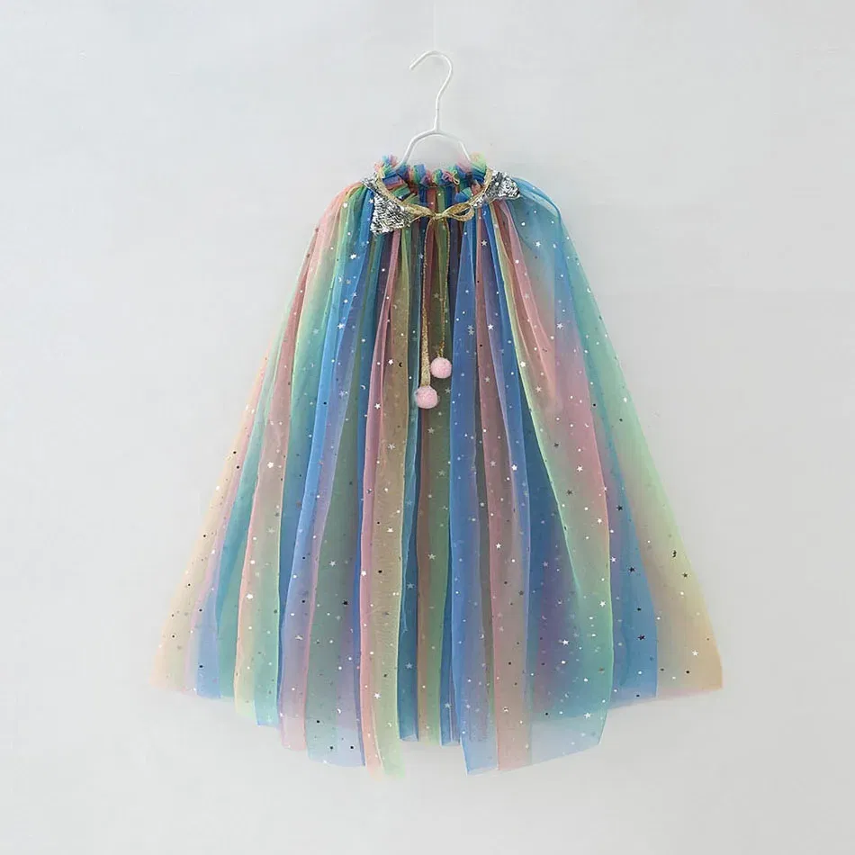 Color: MULTI, Kid Size: 8T - Little Girls Sequins Tulle Cape Children Princess Party Dress Up Cloaks Summer Thin Blue Pink White Halloween Birthday Costumes