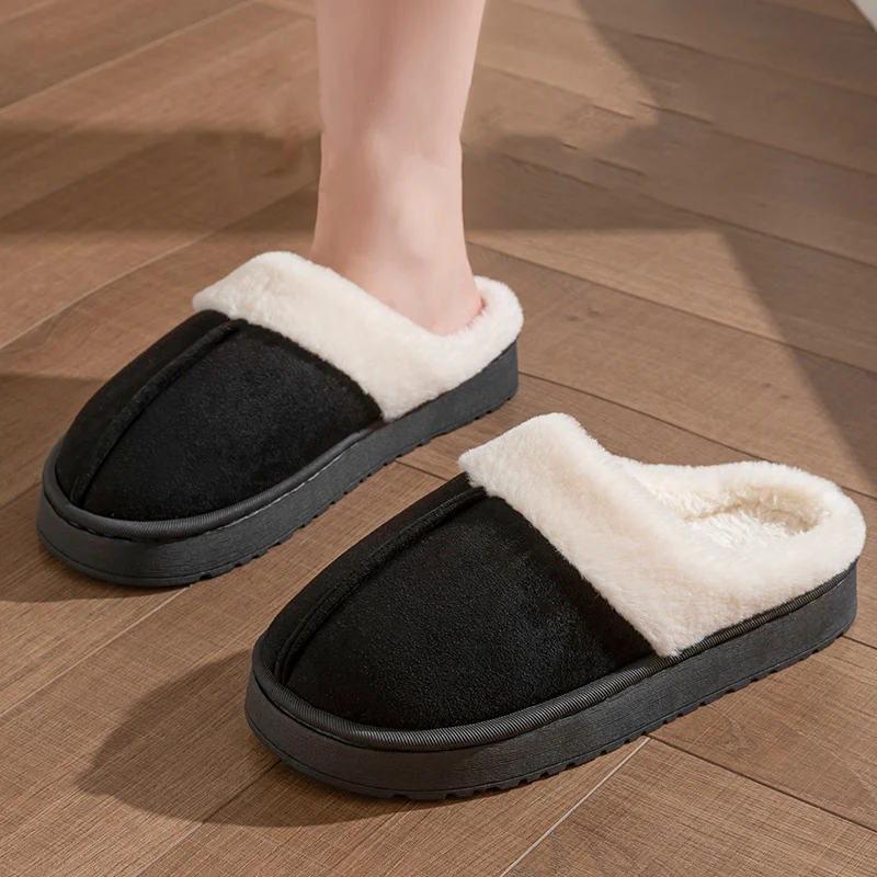 Color: black, Shoe Size: 40-41 - New Fluffy Home Warm Slippers Women Soft Sole Bedroom Plush Lined Winter Shoes Woman Comfortable Non Slip Faux Fur Slippers 2024