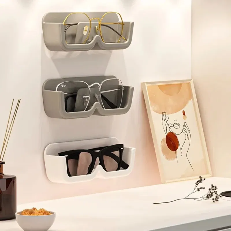 Color: Brown - Glasses Display Cabinet Sunglasses Storage Box Wall Mounted Perforated Free Sunglasses Storage Glasses Rack Home Tidying