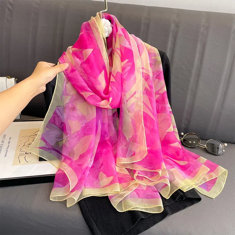 Color: Gold, Size: One Size - New Fashion Pink Silk Scarf Soft Stoles Women Summer Hijab Scarf Luxury Print Sunscreen Shawl Wraps Bandana Ladies Head Scarves