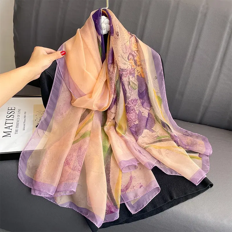 Color: Gold, Size: One Size - New Fashion Pink Silk Scarf Soft Stoles Women Summer Hijab Scarf Luxury Print Sunscreen Shawl Wraps Bandana Ladies Head Scarves