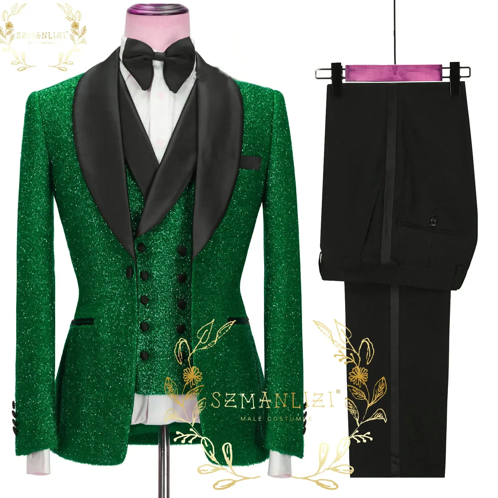 Color: Gold, Size: XL - SZMANLIZI 2022 Latest Designs Black Floral Party Blazer Men Suits Costume Homme Groom Tuxedos Wedding Terno Masculino 3 Pieces