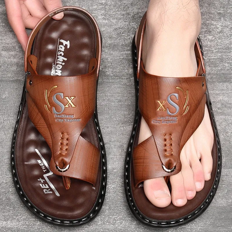 Color: Chocolate, Shoe Size: 46 - Summer Men Sandals Casual Genuine Leather Leisure Sandals Designer Shoes Men