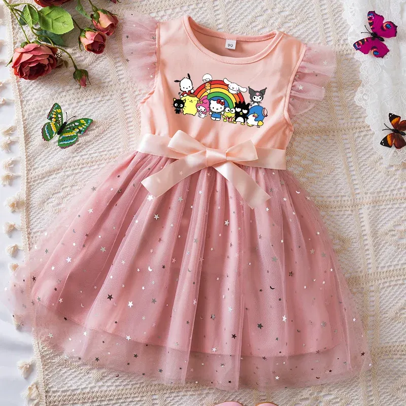 Color: Khaki, Kid Size: 5 - Hello Kitty Girls Sequin Tutu Dress with Bow Flutter Sleeves Summer Princess Party Outfit for Toddler Kids 2-6 Years