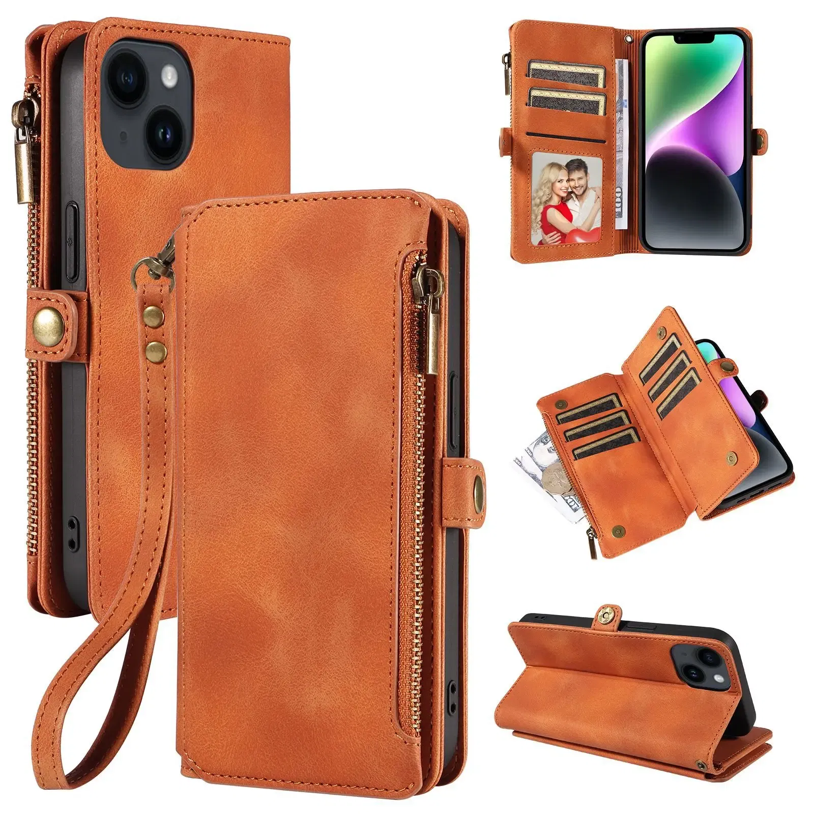 Color: black, Material: Neoprene - Zipper Multi 9 Cards Wallet Case for OPPO Reno 12 10 8 7 6 5 Pro 11F 11A 8T 6Z 5Z Retro Leather Lanyard Wrist Strap Phone Cover