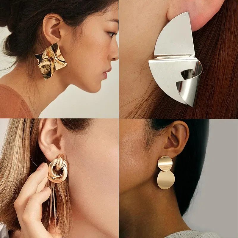 Metal Color: Antique Silver Plated - Gold Color Metal Drop Earrings Irregular Hollow Heart Pendants Earrings Twisted Geometric Personality Earrings for Women
