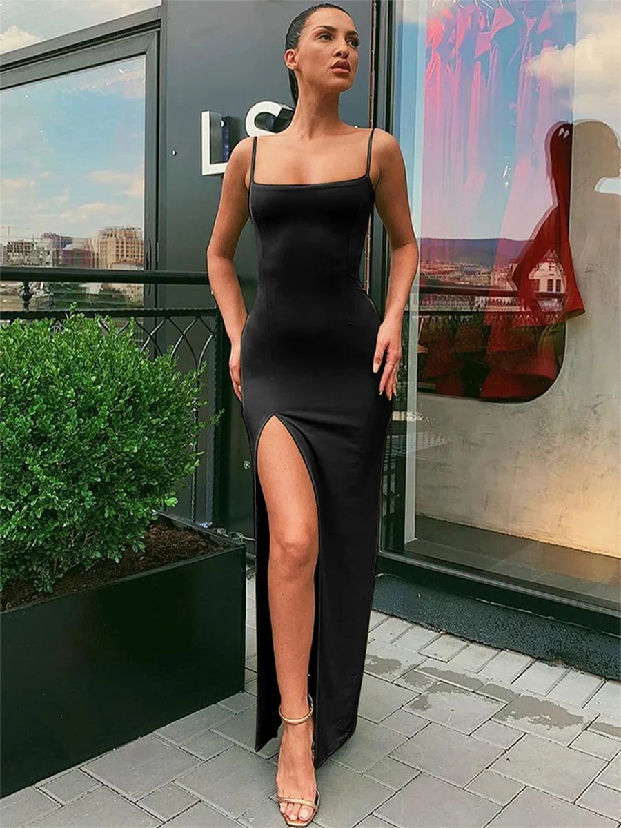 Color: black, Size: L - Women Summer Sexy Bodycon Dress Lady Sexy Spaghetti Strap Sleeve Split Solid Color Sheath Dress Vestidos