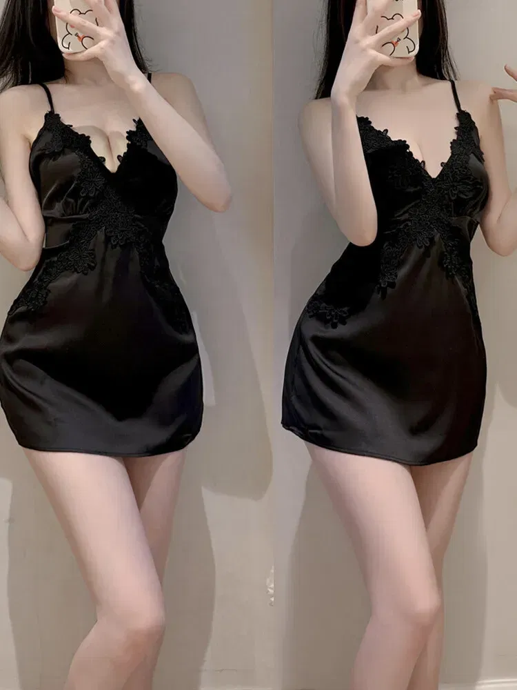 Color: WHITE, Size: L - Tank Mini Dress Fashion Korean 2023 New Sweet Lingerie Sexy V Neck Satin Lace Backless Strap Dress Elegant Tops Lace Sheer UZ38